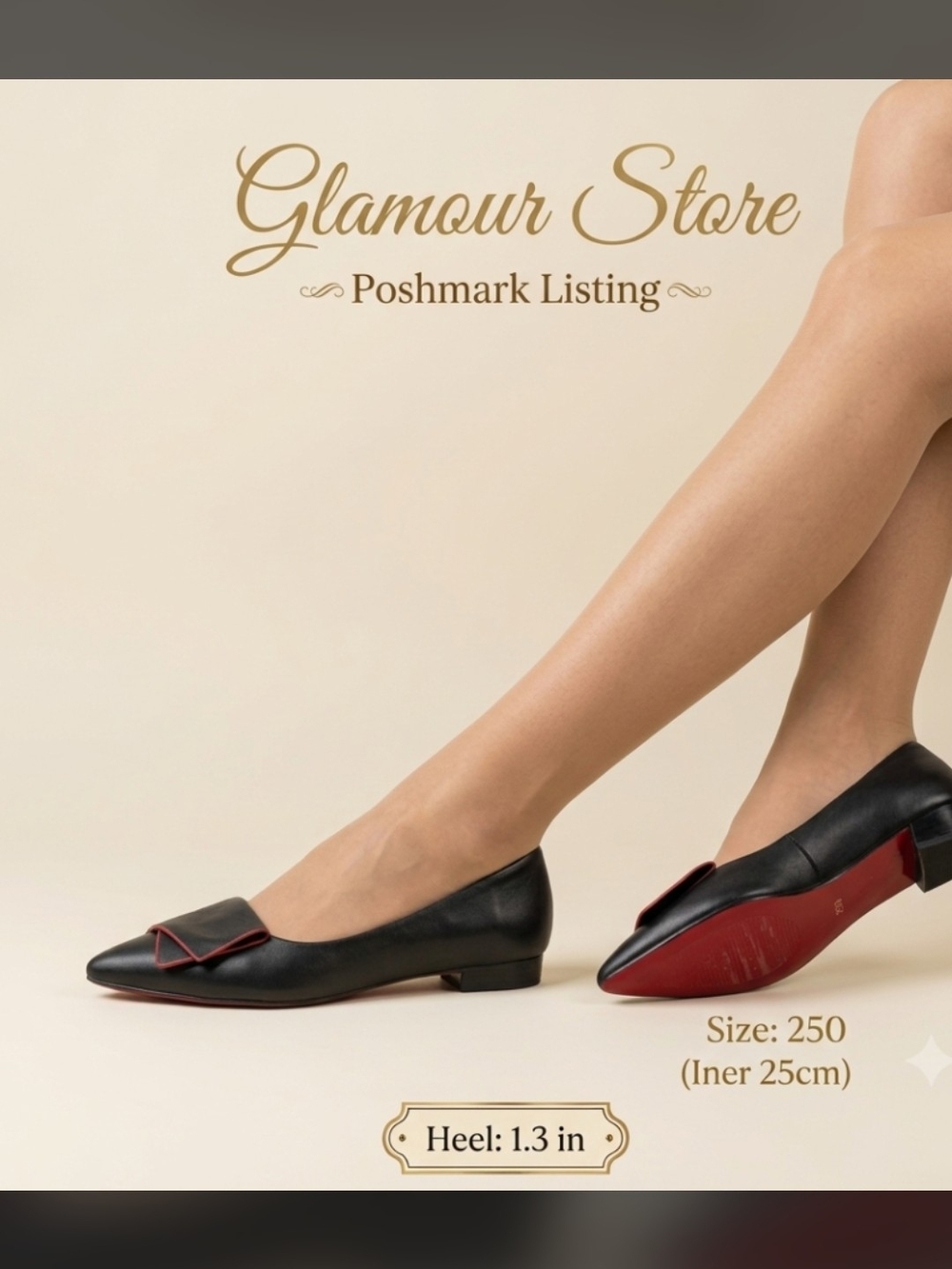 XSX | Black Leather Pointed-Toe Flats with Red Trim (Size 250 / US 8.5–9)